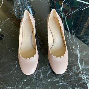 Chloe Lauren Scalloped Block Heel Pumps Tan/Pink Tea Leather Round Toe 38.5